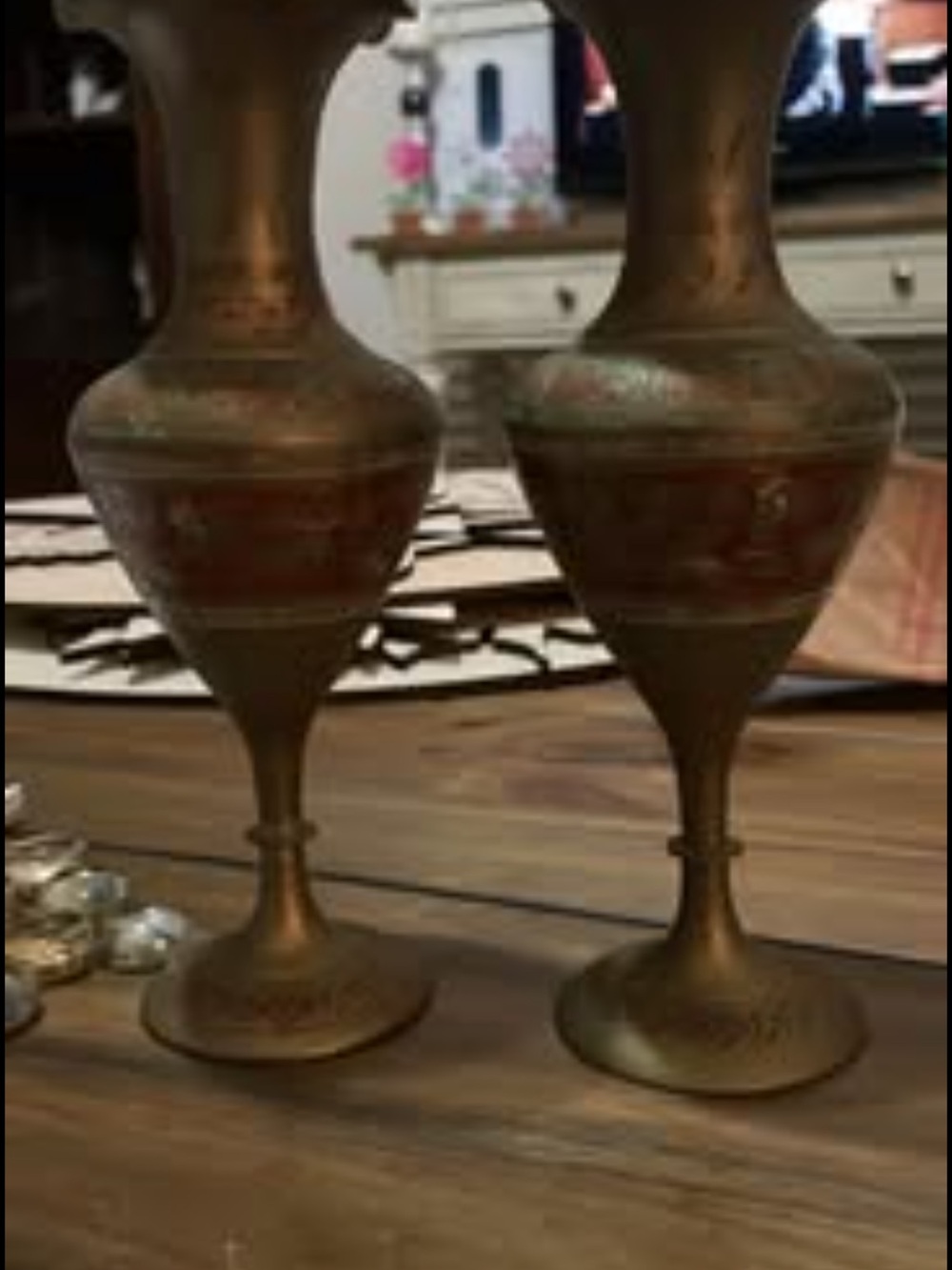 Pair of Vintage Indian Brass Bud Vases - Hand-Etched Red & Green Enamel